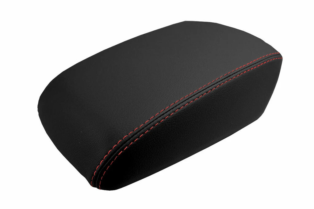 Leather Console Lid Armrest Cover for Ford Focus (2012–2018) Black Red Stitch
