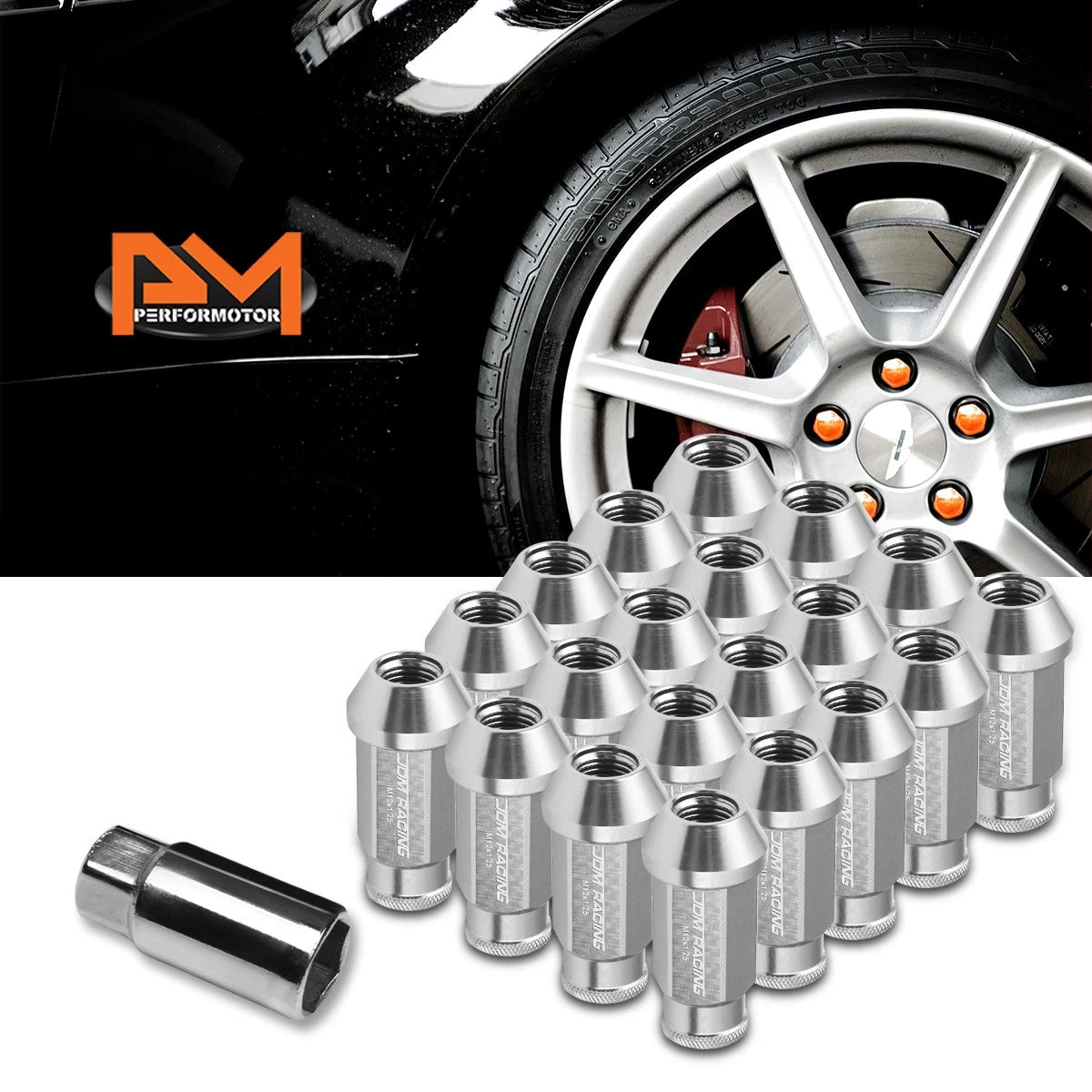 20Pc M12X1.25 Silver JDM Open-End Acorn Hex Wheel Lug Nuts + Extension 25mmx50mm
