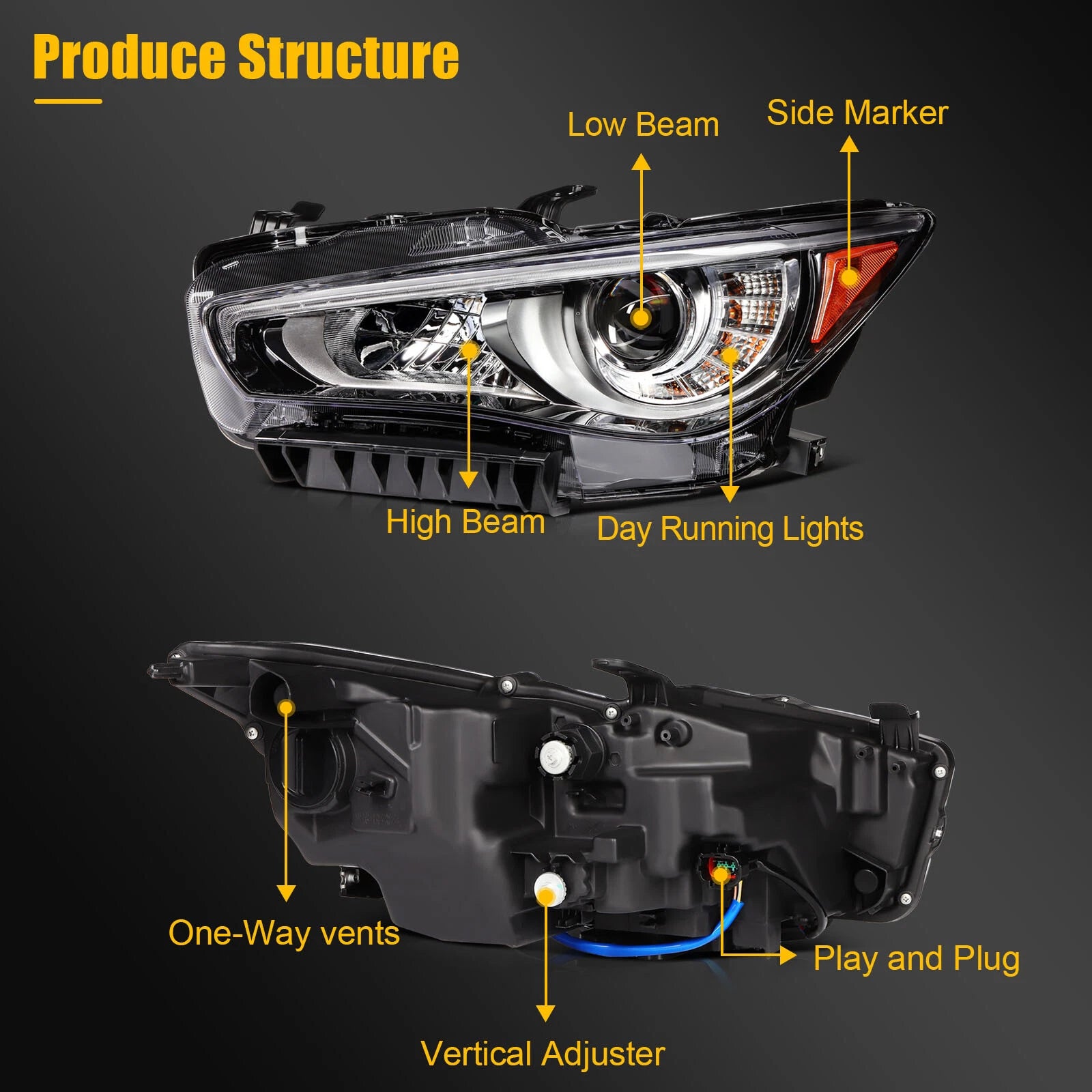 Left Driver Side Headlight for Infiniti Q50 (2014–2024) with LED DRL