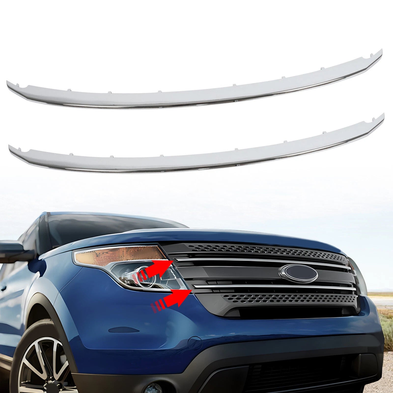 Set of 2 Chrome Front Lower & Upper Grille Molding Trim for Ford Explorer (2011–2015)