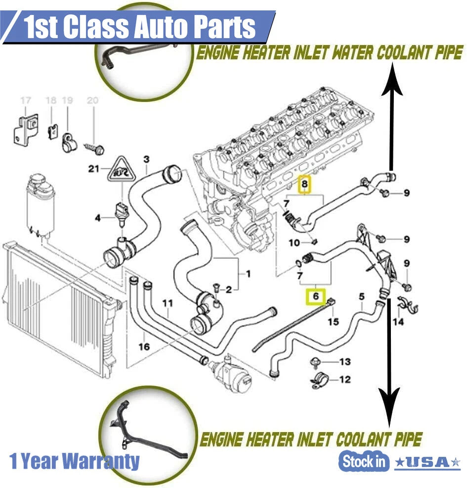Engine Heater Inlet Water Coolant Pipe w/ O-Rings for BMW 525i 530i Z3 Z4 (1996–2006)