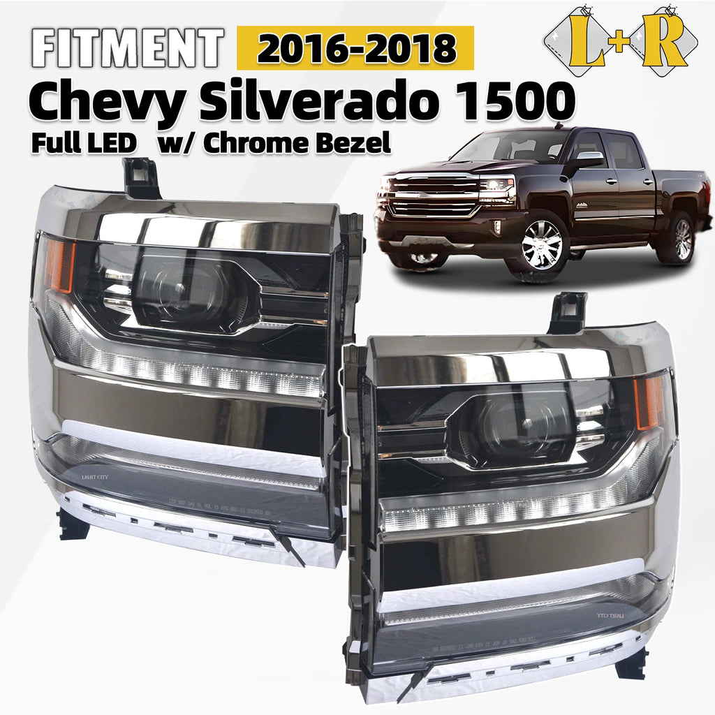 LED Headlight Set for Chevy Silverado 1500 (2016–2018) w/Module Chrome