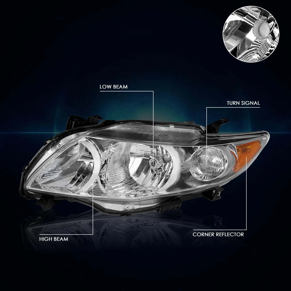 Set of 2 Chrome Housing Headlight Amber Side Corner Signal Lamps for Corolla (2009–2010)