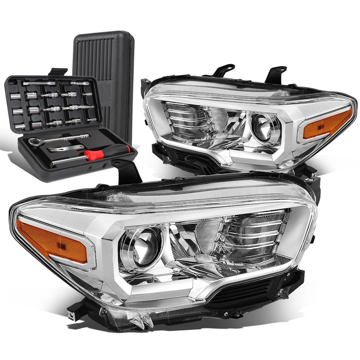 Pair Chrome Amber Signal Headlight Lamps for Toyota Tacoma (2016–2020)