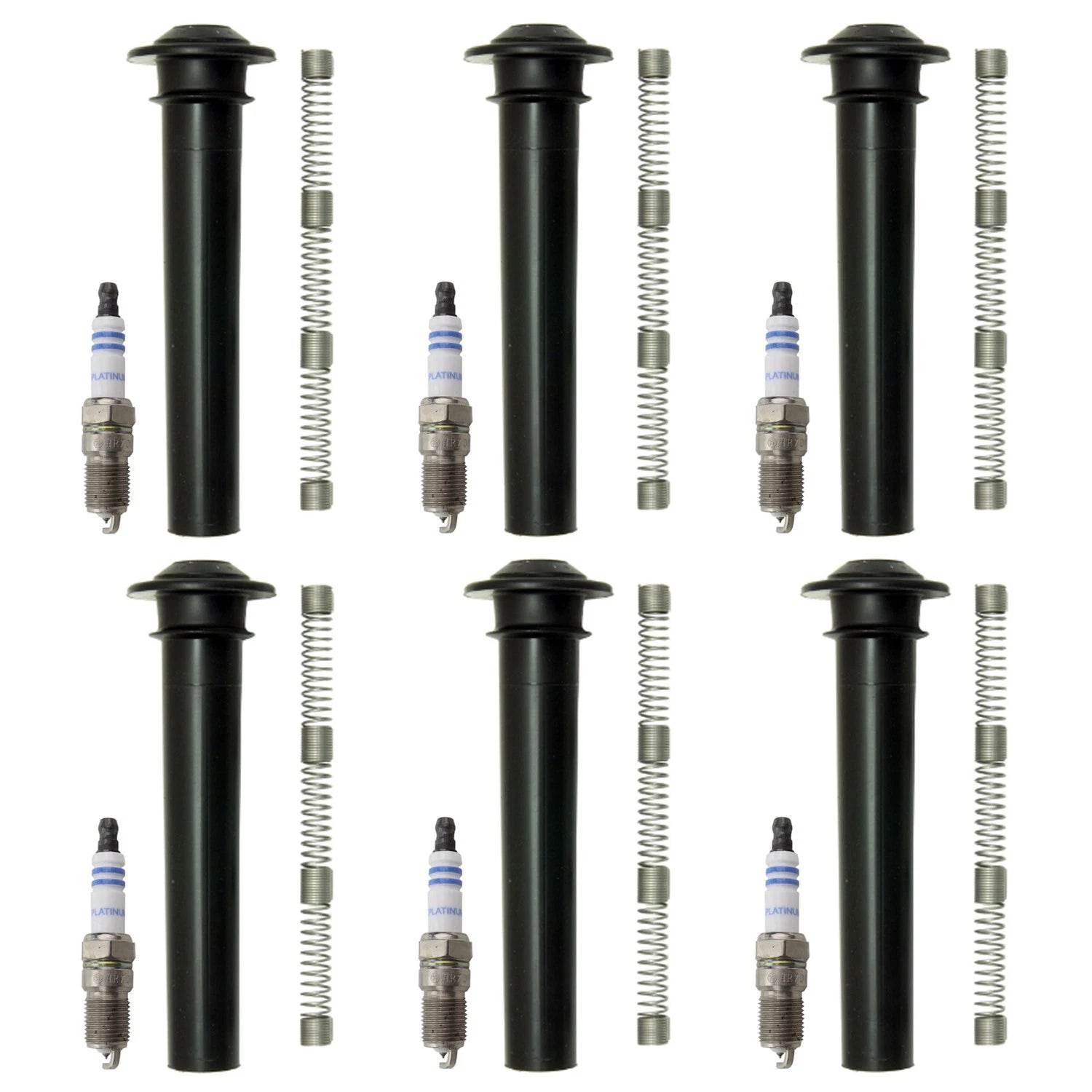 Set of 6 Bosch Platinum Spark Plugs & NGK Coil Boots for Tribute Mariner (2001–2006)