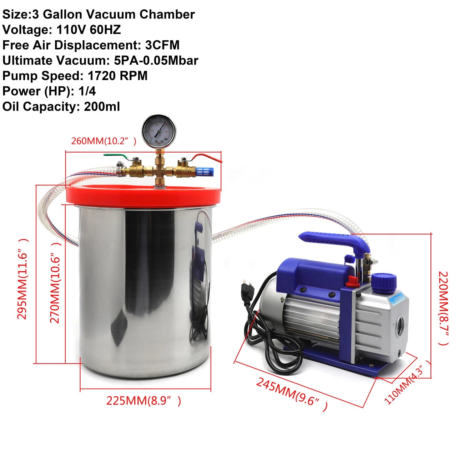 3 Gallon Vacuum Chamber with 3CFM Single Stage Pump Air AC Kit