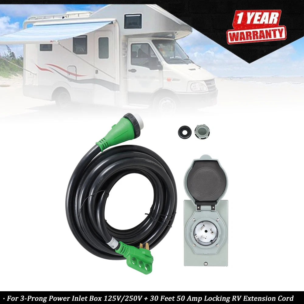 3-Prong Power Inlet Box with 50 Amp Locking RV Extension Cord (30 Feet)