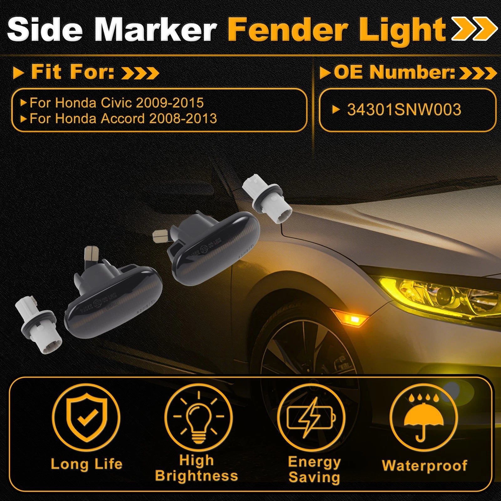 Side Marker Fender Light 34301SNW003 for Honda Civic (2009–2015) Smokey Black Lens