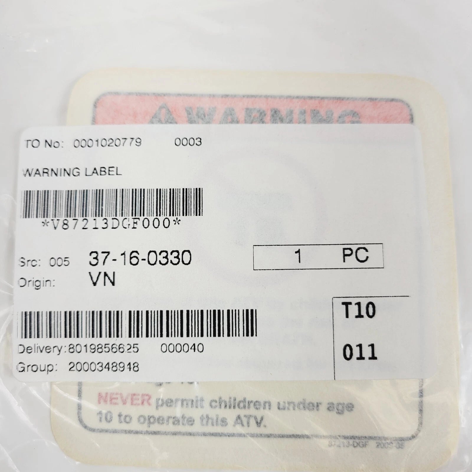 Warning Label for Can-Am DS 90 X (2010) V87213DGF000