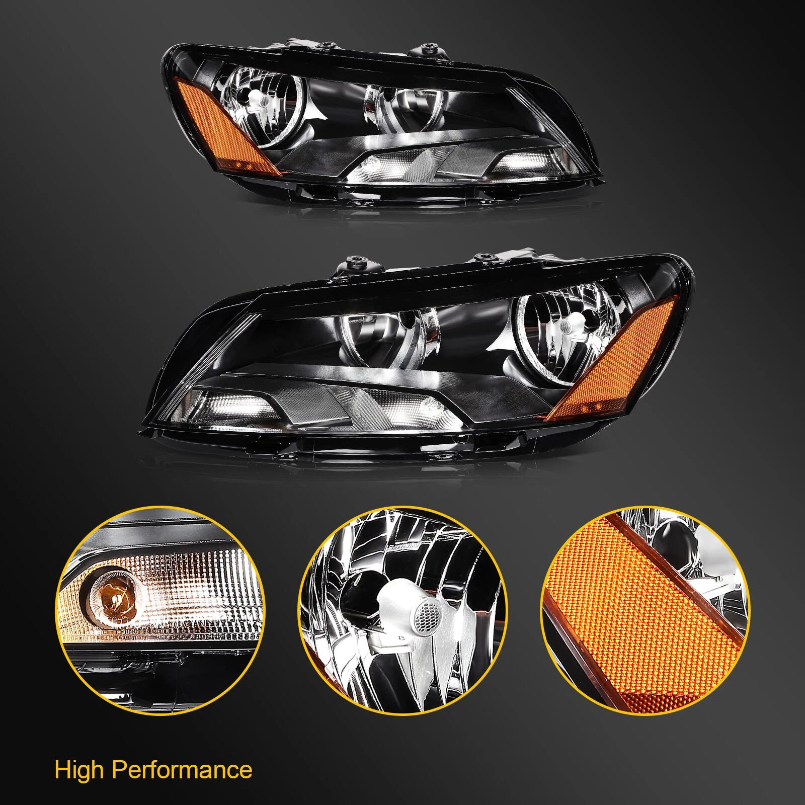 Pair of Black Housing Headlights for Volkswagen Passat (2012–2015)