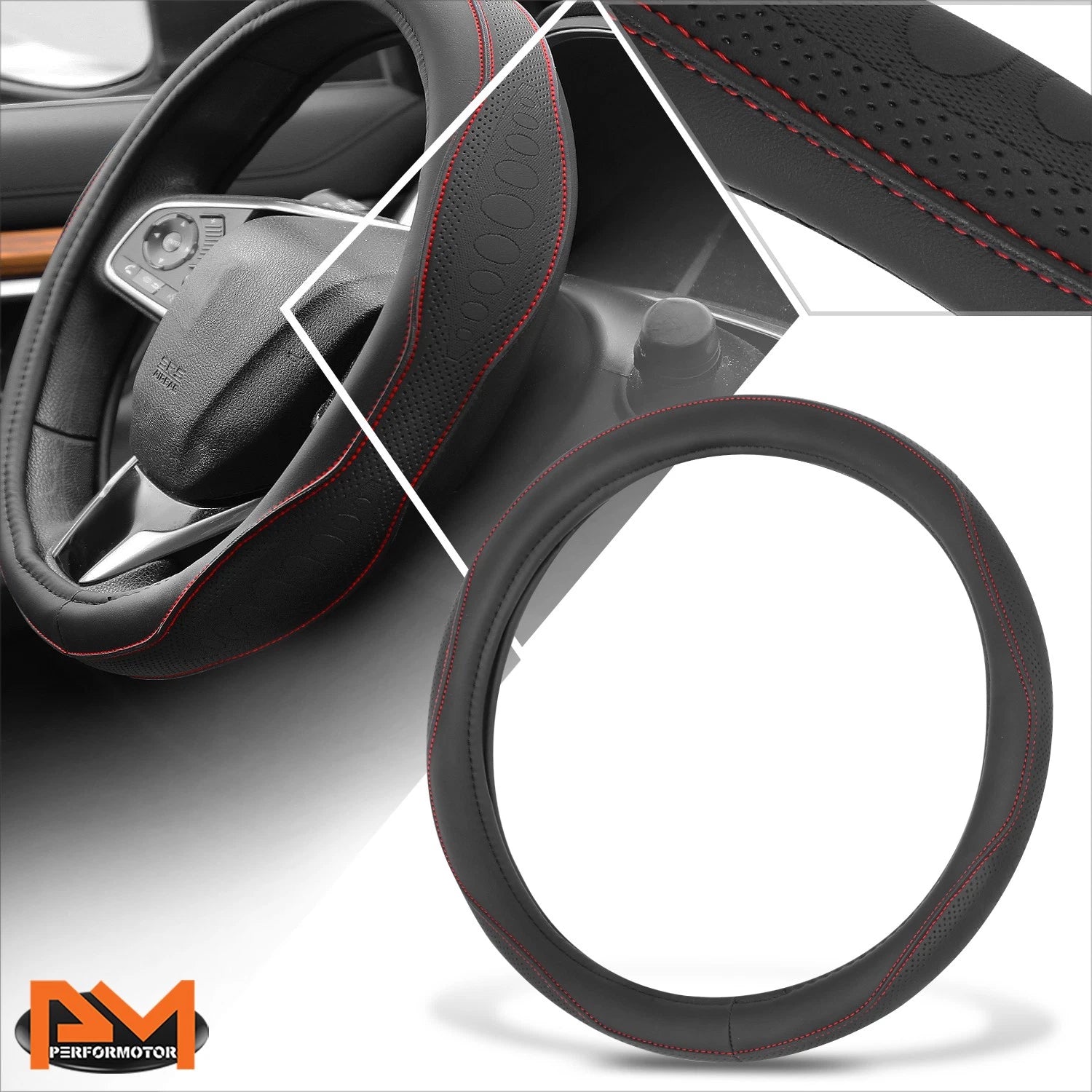 Steering Wheel Cover for Universal Fit (14.5-15") - Perforated Leather, Red Stitch