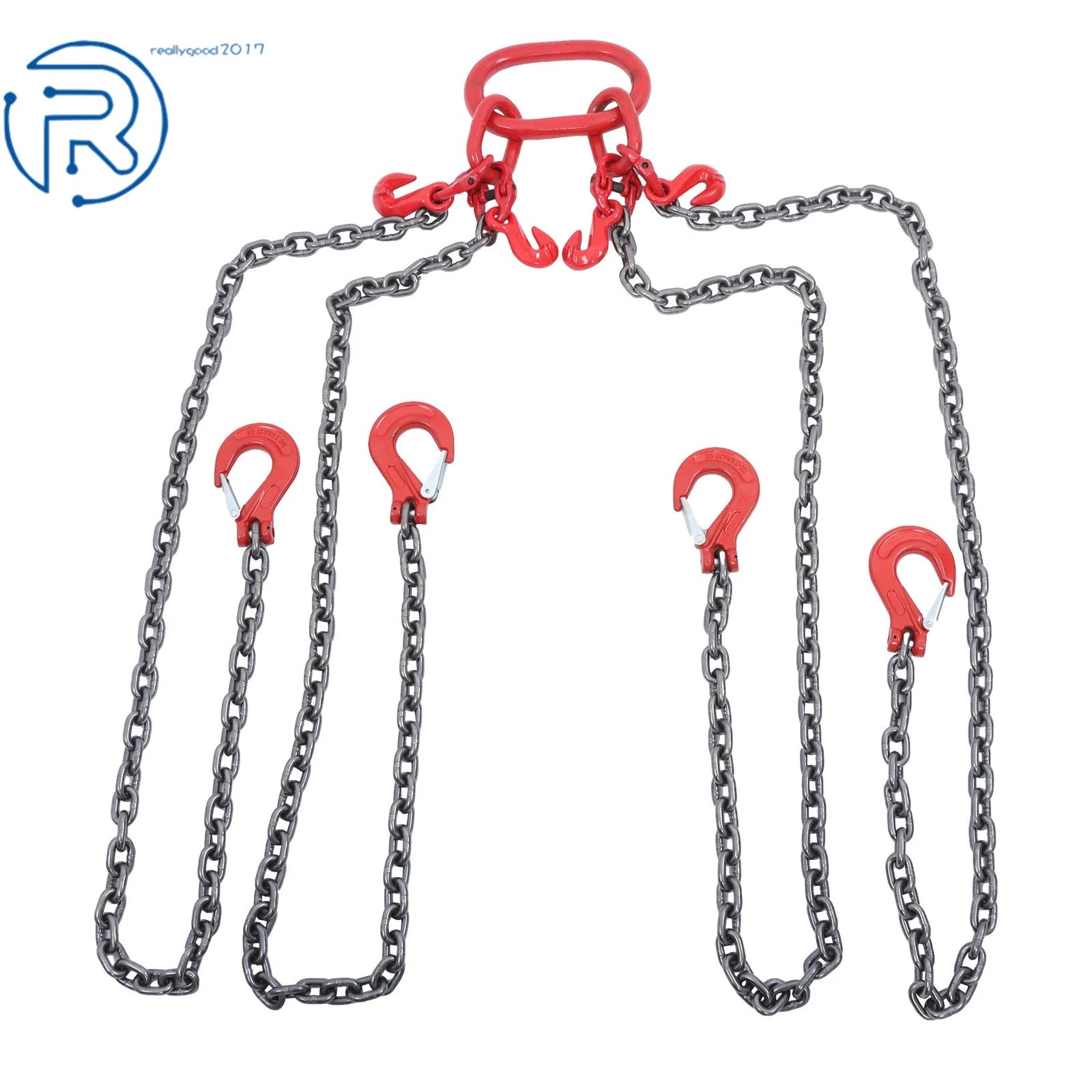 5/16" × 5' G80 Chain Sling 4 Legs 11000 lbs with Grab Hooks Red