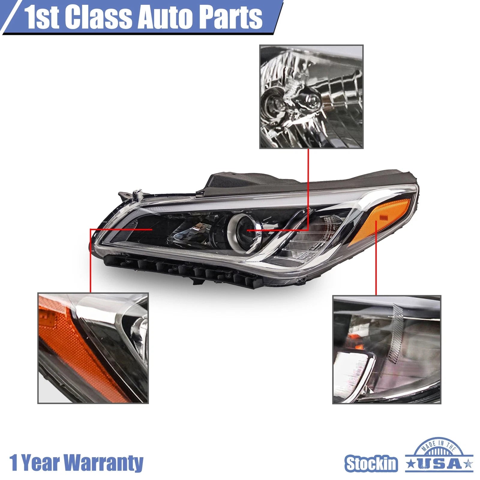 Headlight Assembly for Hyundai Sonata (2015-2017) Halogen Driver Left