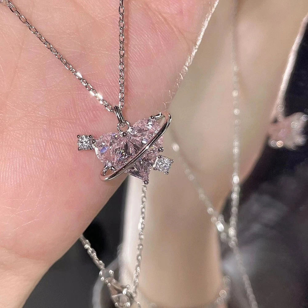 Set of 4 Trendy Pink Heart Pendant Necklaces for Girls