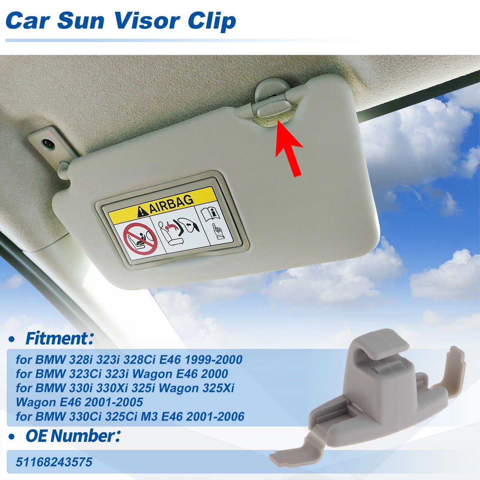 Sun Visor Clip for BMW 328i 323i 328Ci E46 (1999–2000) Gray No. 51168243575