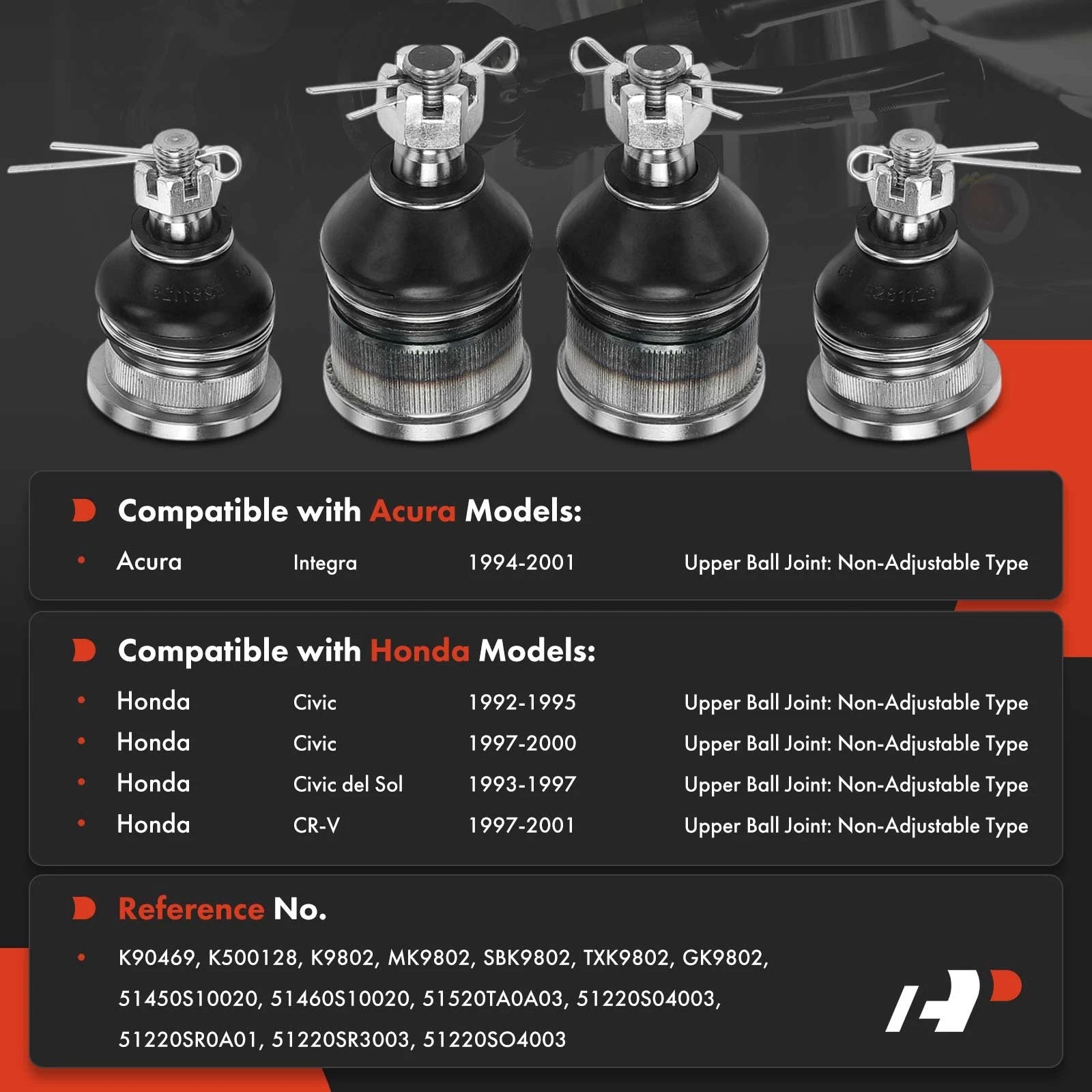 Set of 4 Front Lower & Upper Ball Joints for Honda Civic (1992–1995)