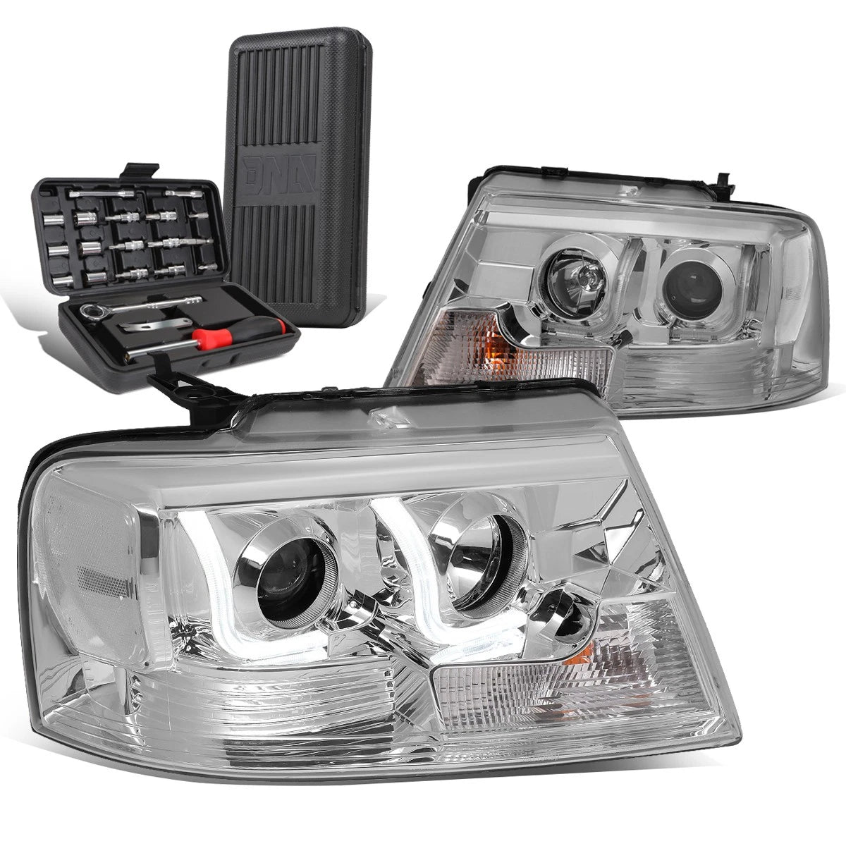 Chrome/Clear LED DRL Bar Projector Headlight for Ford F-150 (2004–2008)