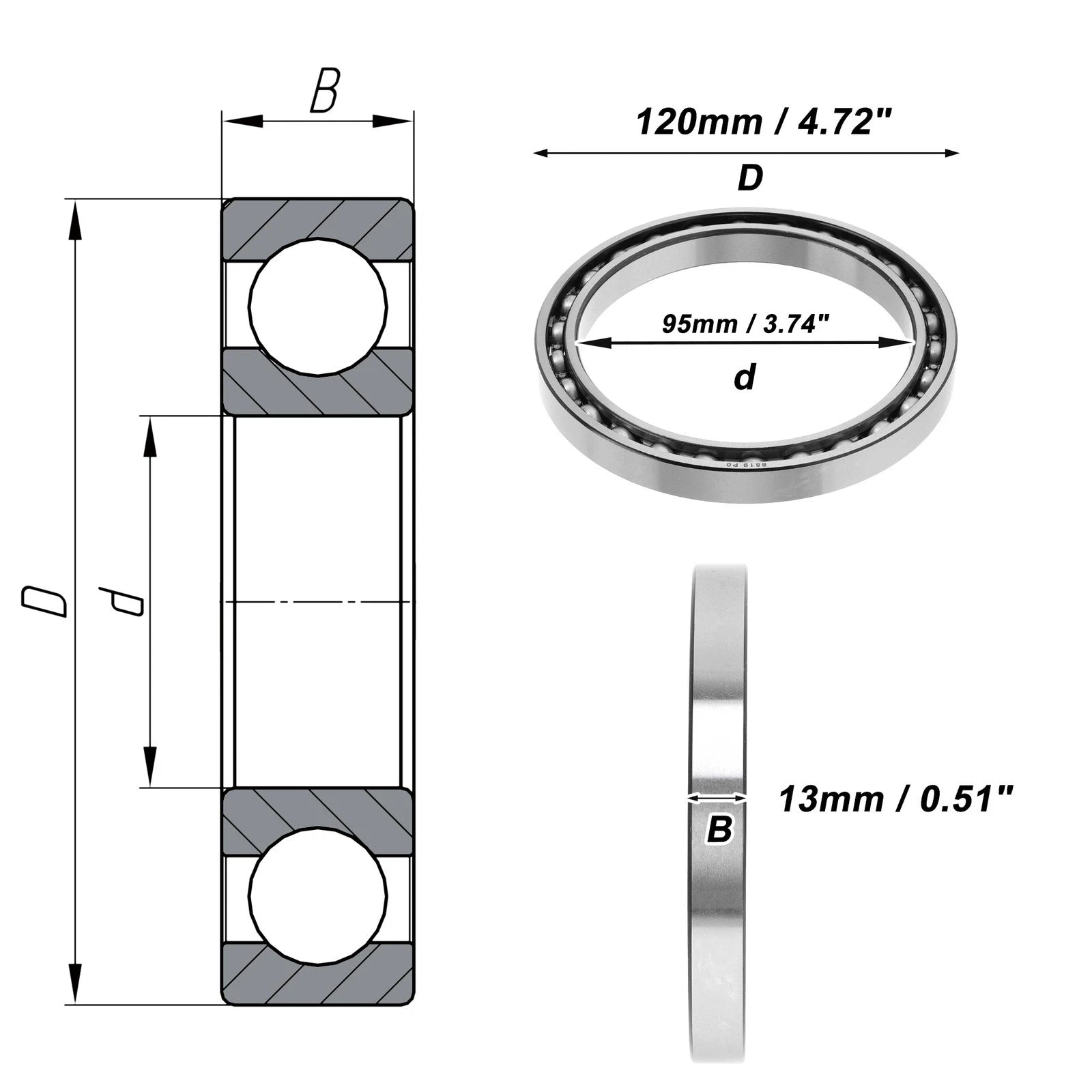 Deep Groove Ball Bearing 95x120x13mm for Scooter/Skateboard (1 Pc)