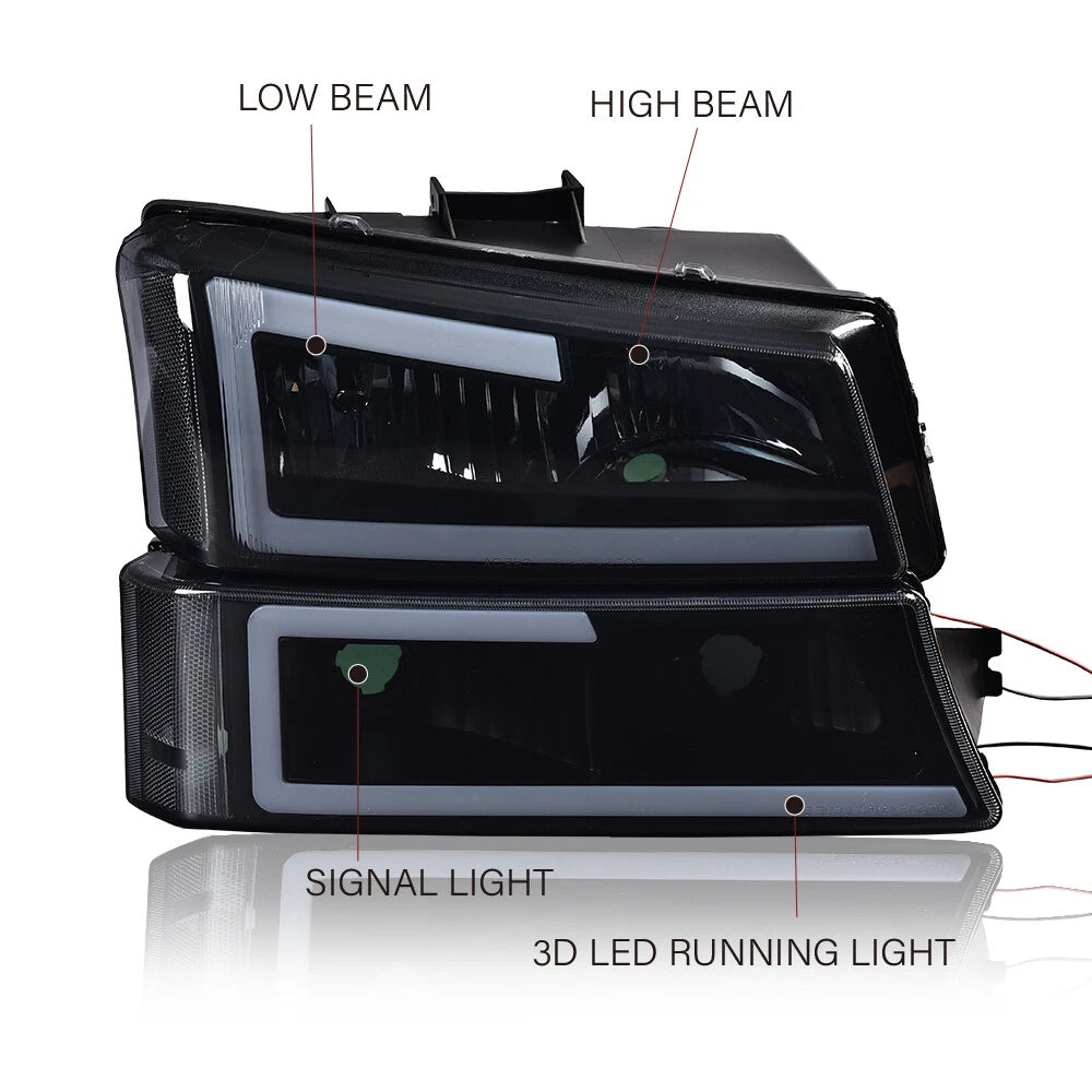 LED DRL Bumper Headlights + Smoke Tail Lights for Chevy Silverado (2003–2007)