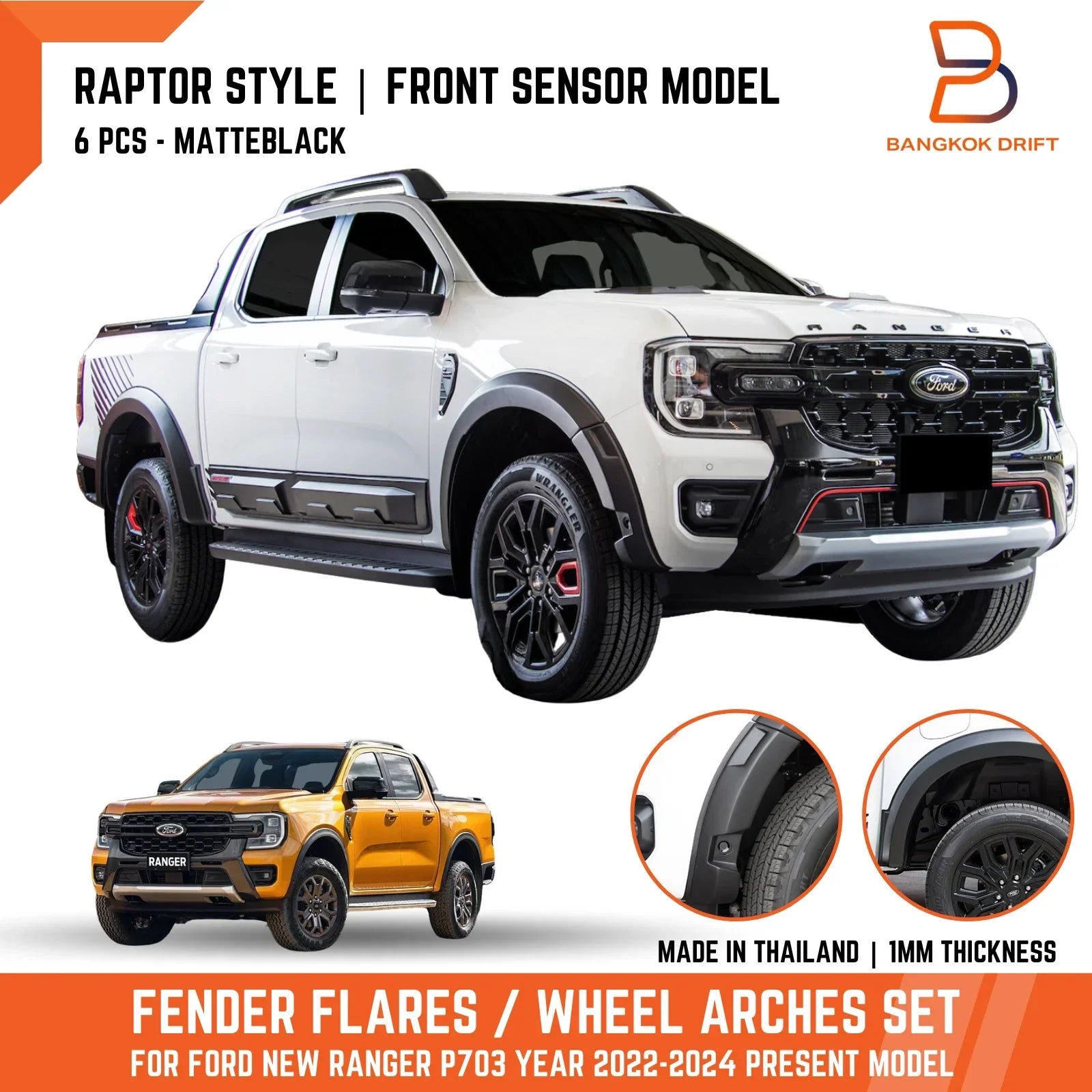 Front Sensor Raptor Style Matte Black Fender Flares for Ford Ranger (22-24)