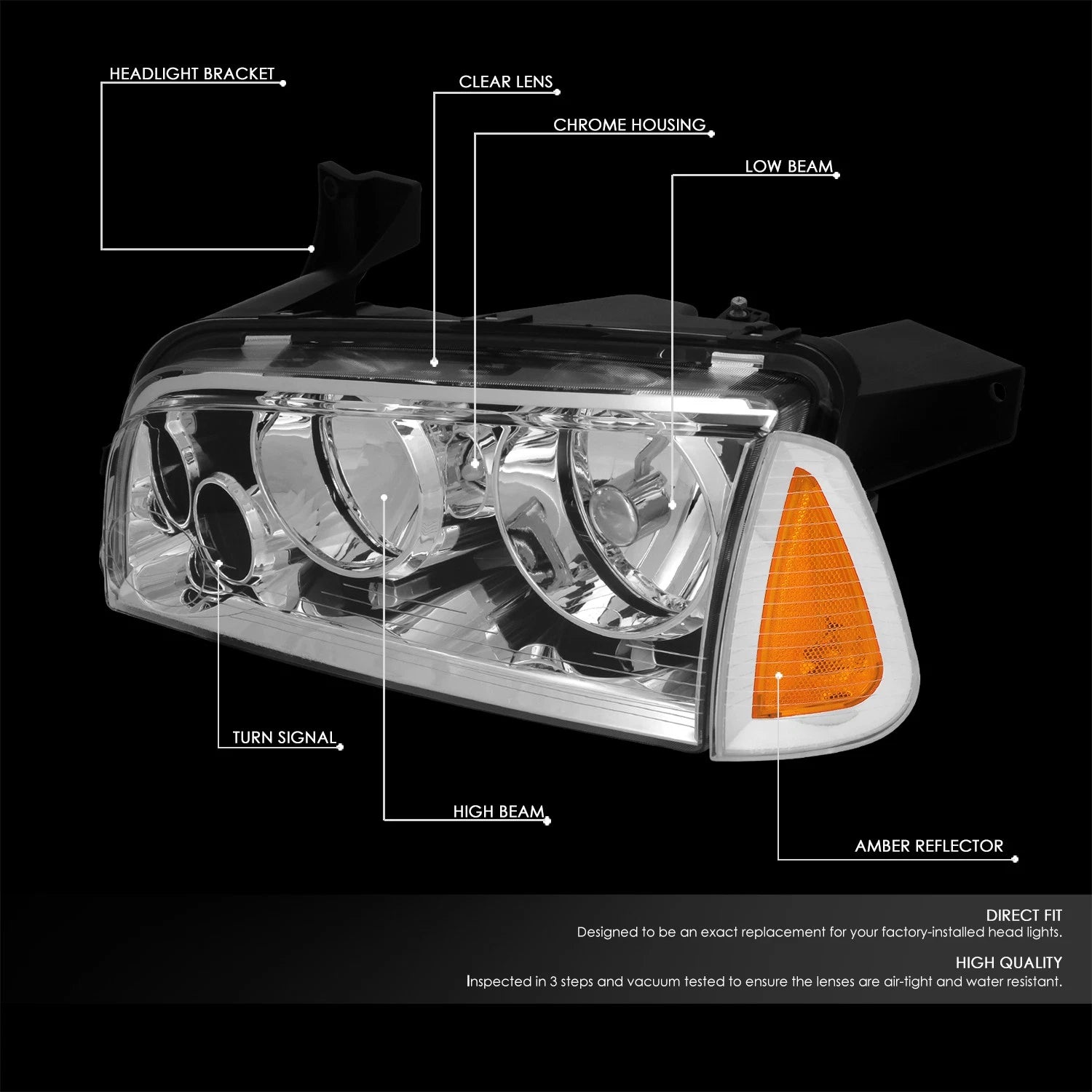 Chrome Housing Clear Headlight + Amber Corner + LED Fog Light Set for Dodge Charger (2006–2010)
