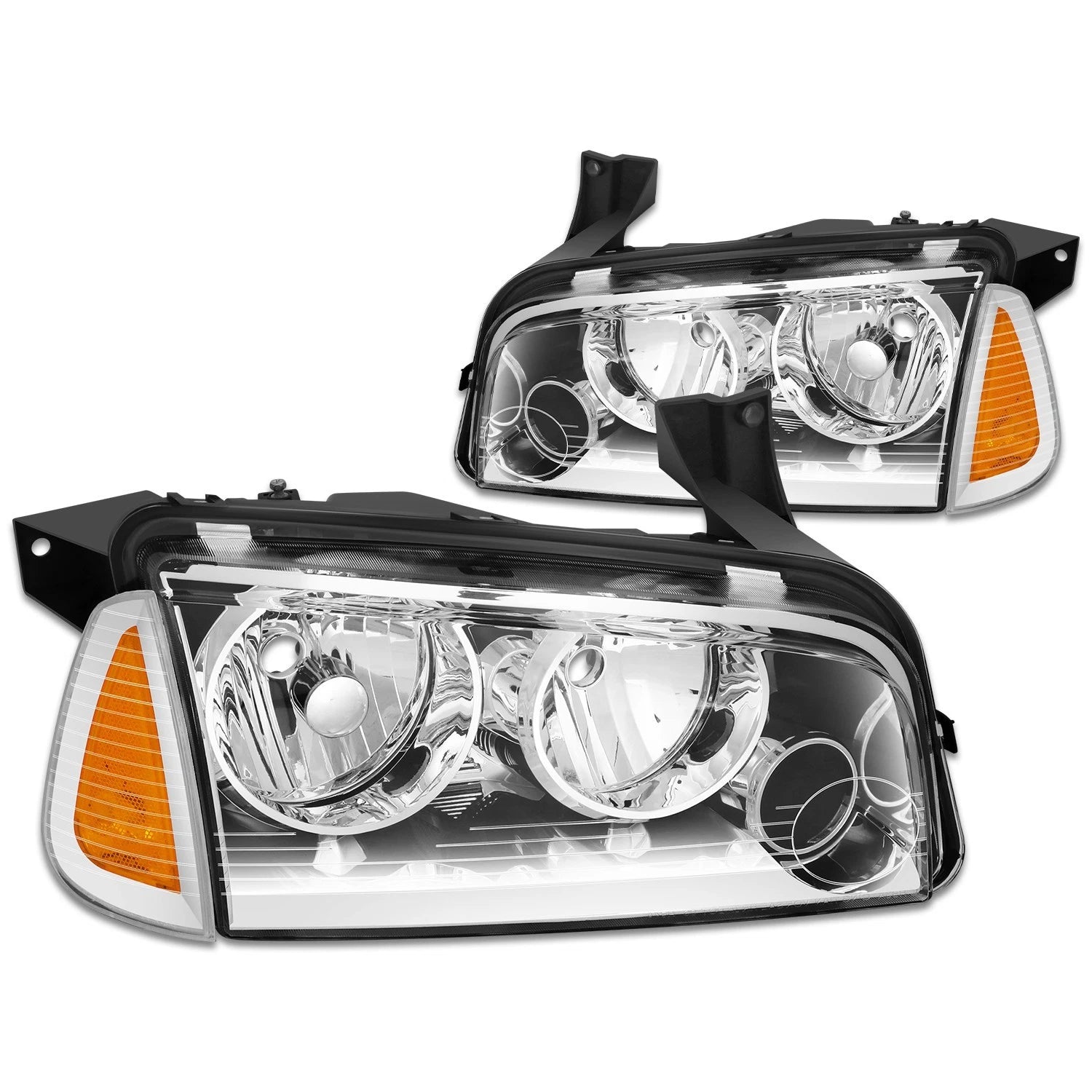 Pair of Chrome Housing Headlights with Amber Turn Signal for Dodge Charger (2006–2010)