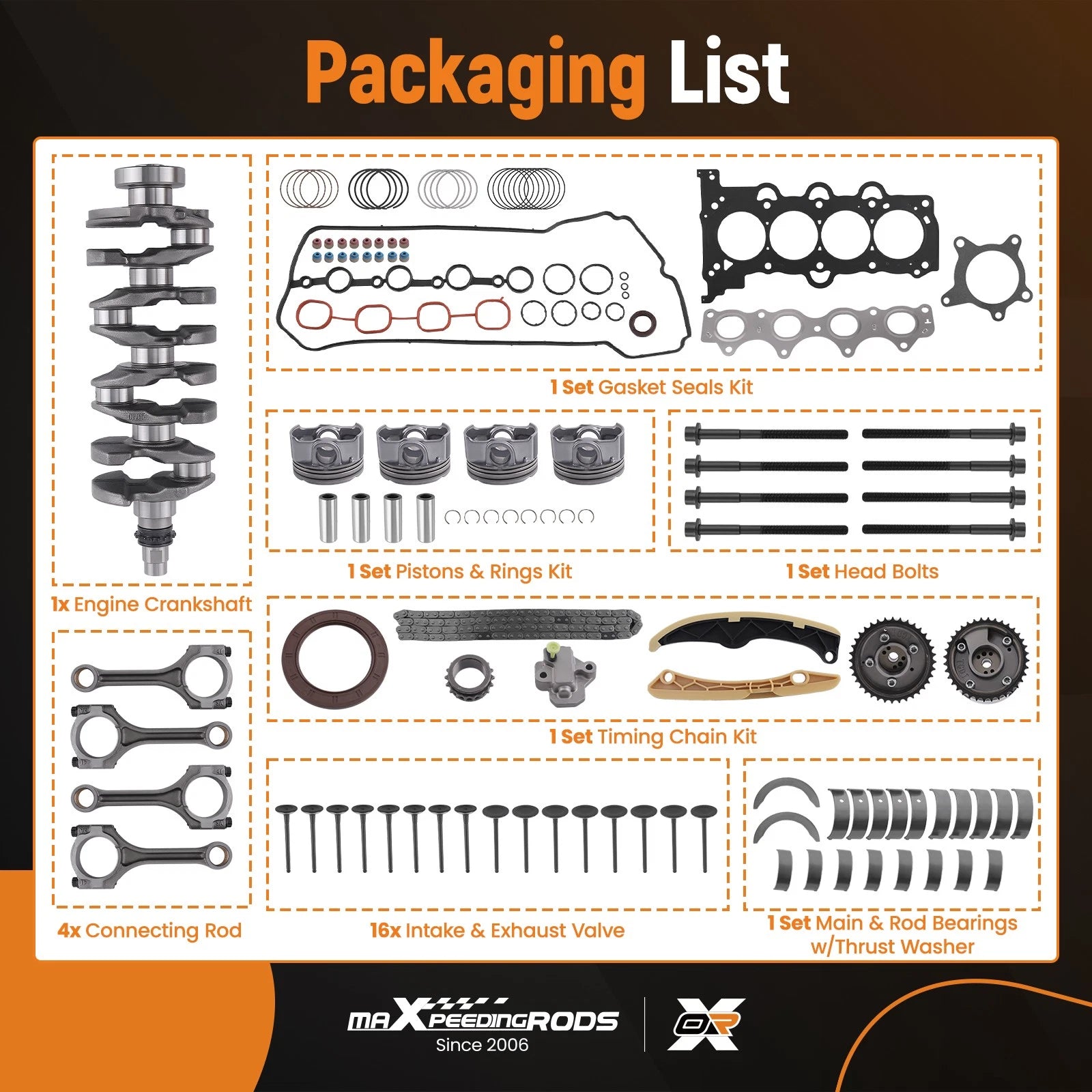 Engine Piston Gasket Set w/ Crankshaft Rods Timing Kit for Hyundai KIA G4FJ