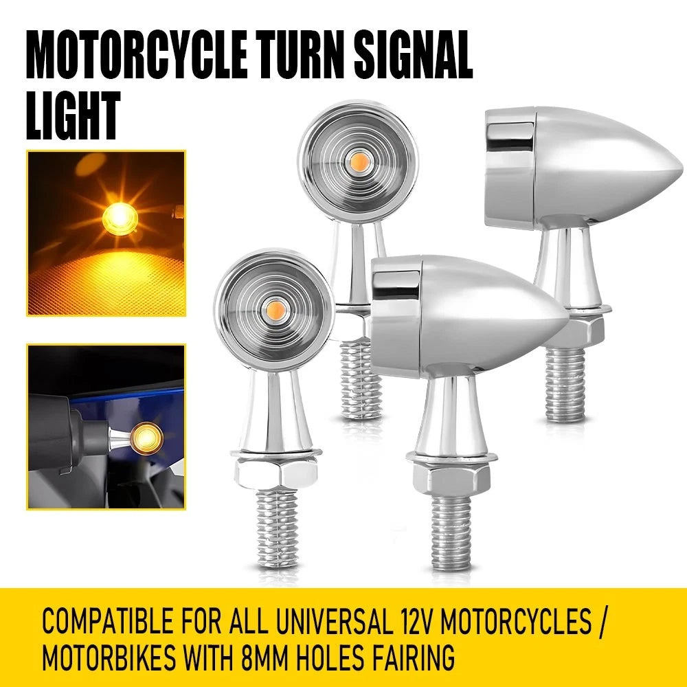 Set of 4 Chrome Bullet Mini LED Turn Signals for Motorcycle (Universal)
