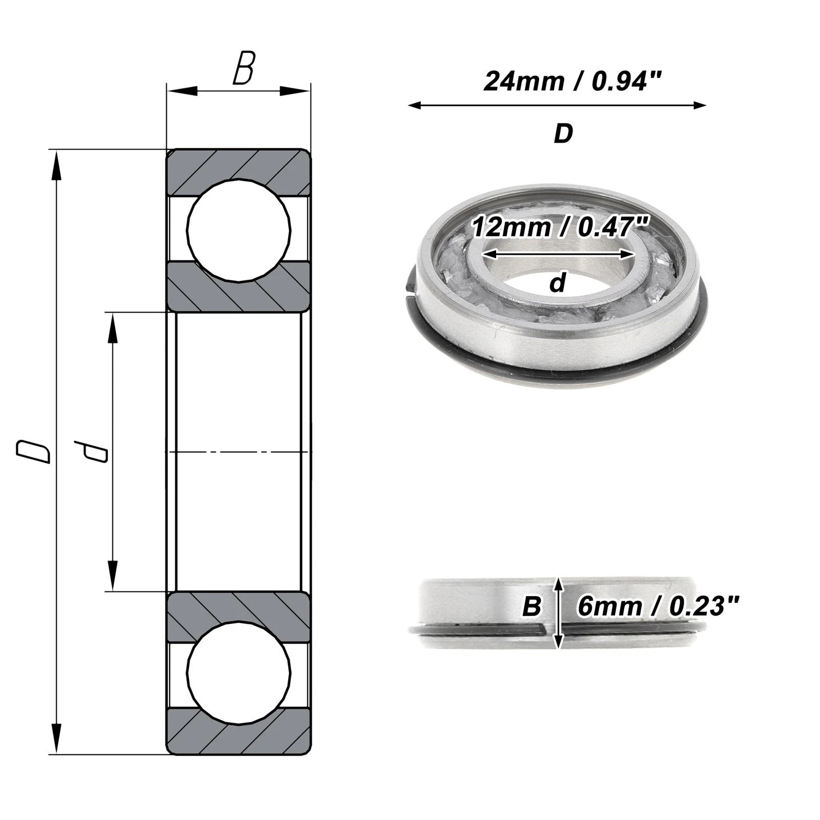 Deep Groove Ball Bearing 12x24x6mm for Scooter Skateboard (P0)