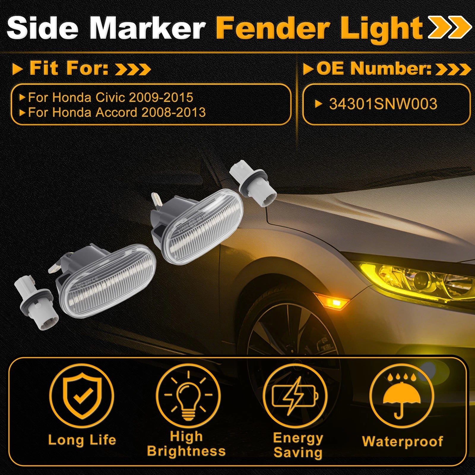 Side Marker Fender Light 34301SNW003 for Honda Civic (2009–2015) Transparent Lens