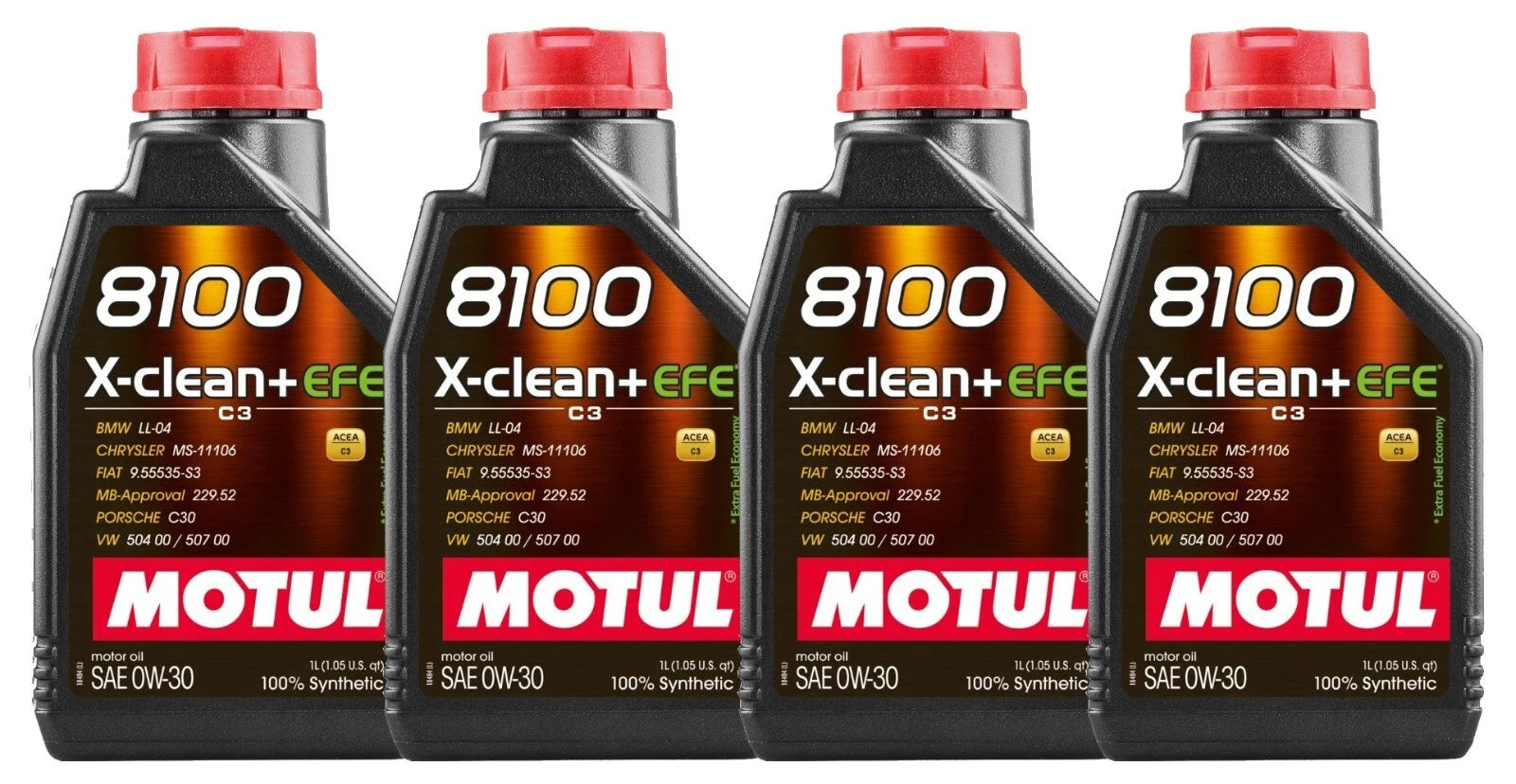 Set of 4 Motul 8100 X-CLEAN+ EFE 0W-30 100% Synthetic Engine Oil (4L)