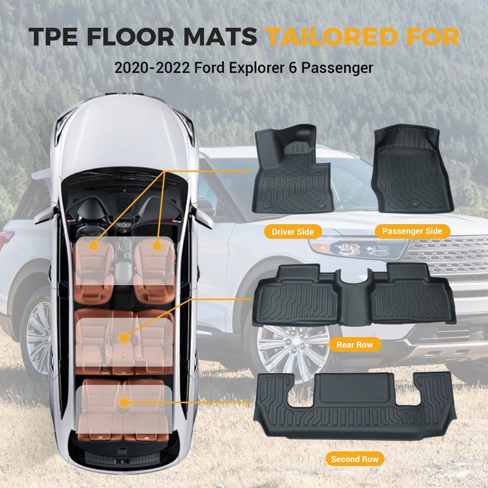 Set of 4 Floor Mats for Ford Explorer (2020–2025) TPE Rubber All Weather