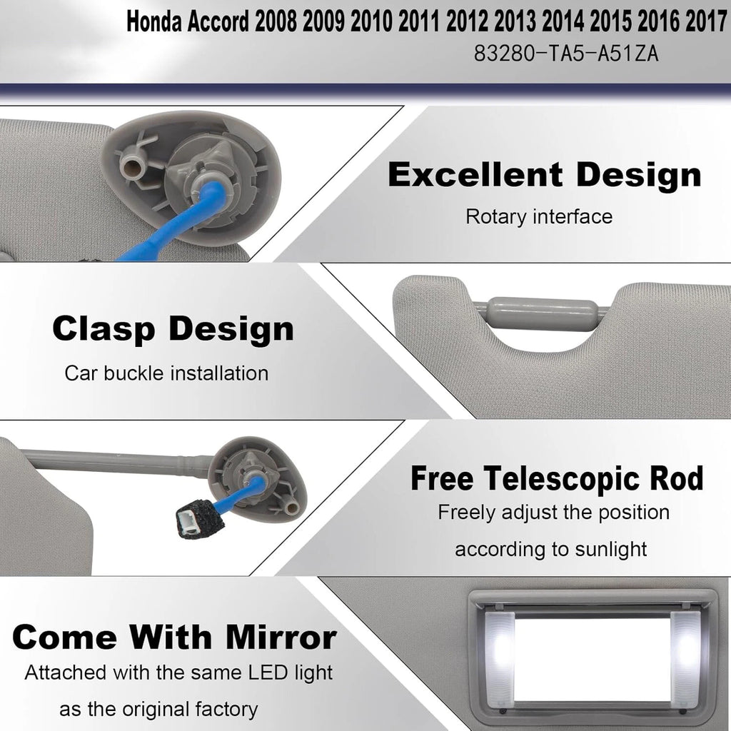 Pair Sun Visor w/LED Light Mirror for Honda Accord (2008–2017) 83280-TA5-A51ZA