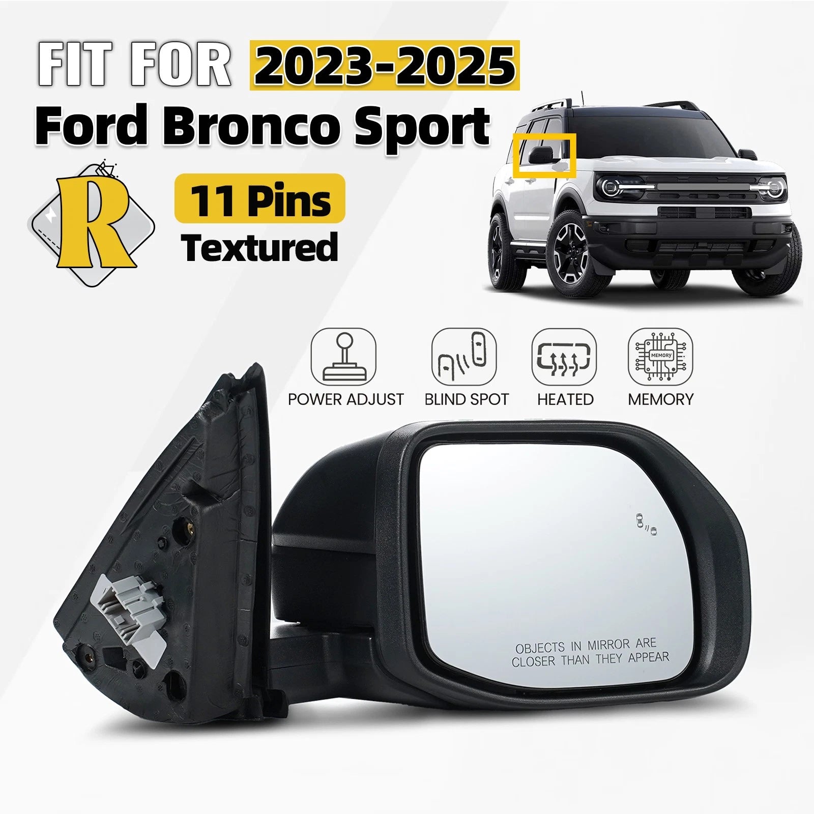 Right Side Mirror for Ford Bronco Sport (2023–2025) Heated, Blind Spot, 11Pin