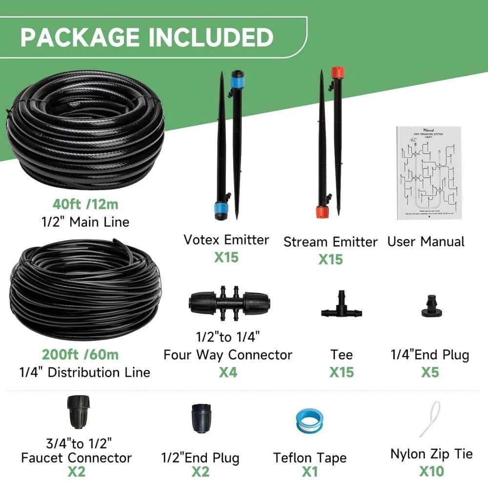 Drip Irrigation System for Garden Watering (240FT)