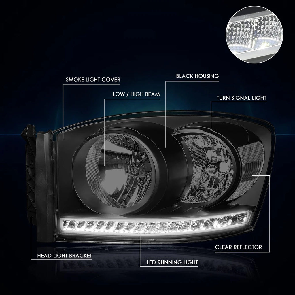 LED DRL Strip Headlight for Dodge Ram Truck (2006–2009) Smoked Housing