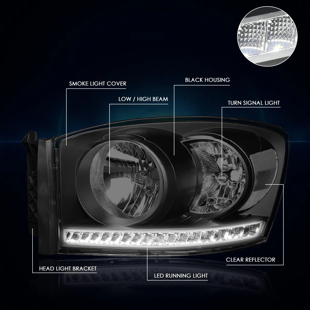 LED DRL Strip Headlight for Dodge Ram Truck (2006–2009) Smoked Housing