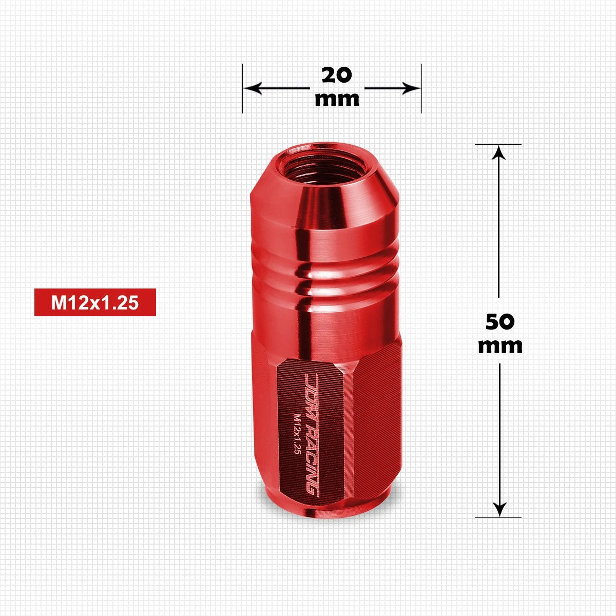 Set of 20 M12X1.25 Red Closed End Cone Hex Wheel Lug Nuts + 20mm Extension