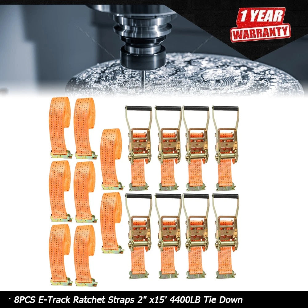 Set of 8 E-Track Ratchet Straps 2" x 15' 4400 lbs Orange