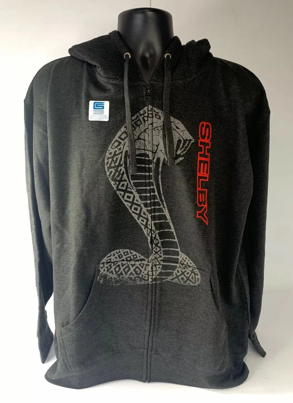 Zip Up Hoodie Jacket for Shelby Cobra (Licensed) Gray Red Snake Emblem (Unisex)