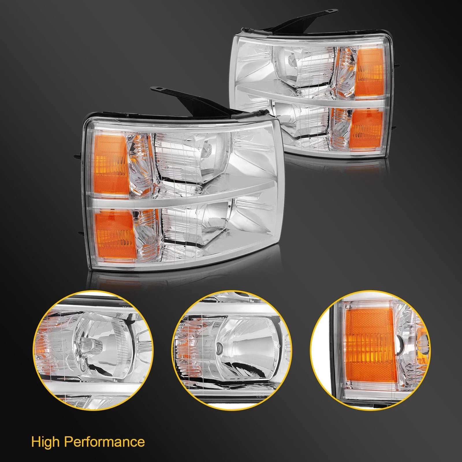 Chrome Headlights for Chevy Silverado 1500 2500HD 3500 HD (2007–2014)