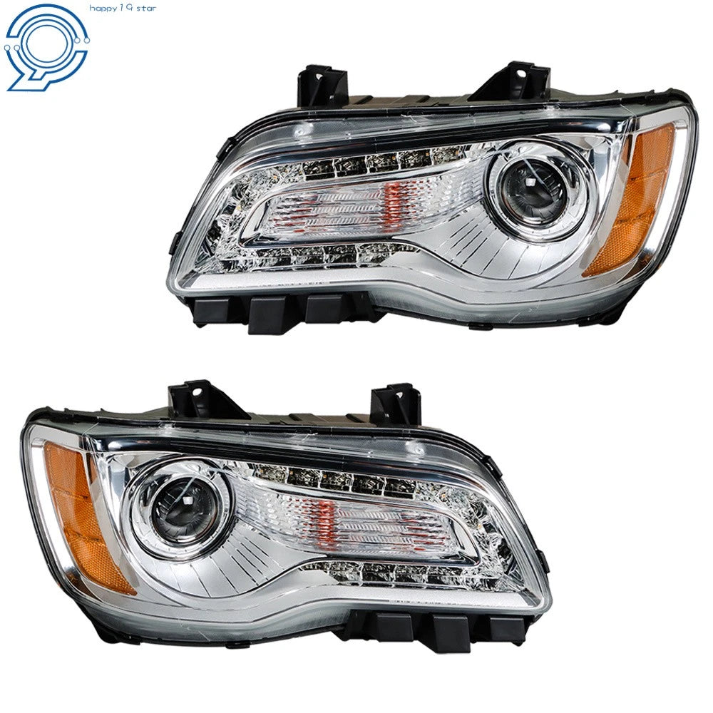 Set of 2 Headlight Assemblies for Chrysler 300 (2011–2014) Halogen Chrome Clear