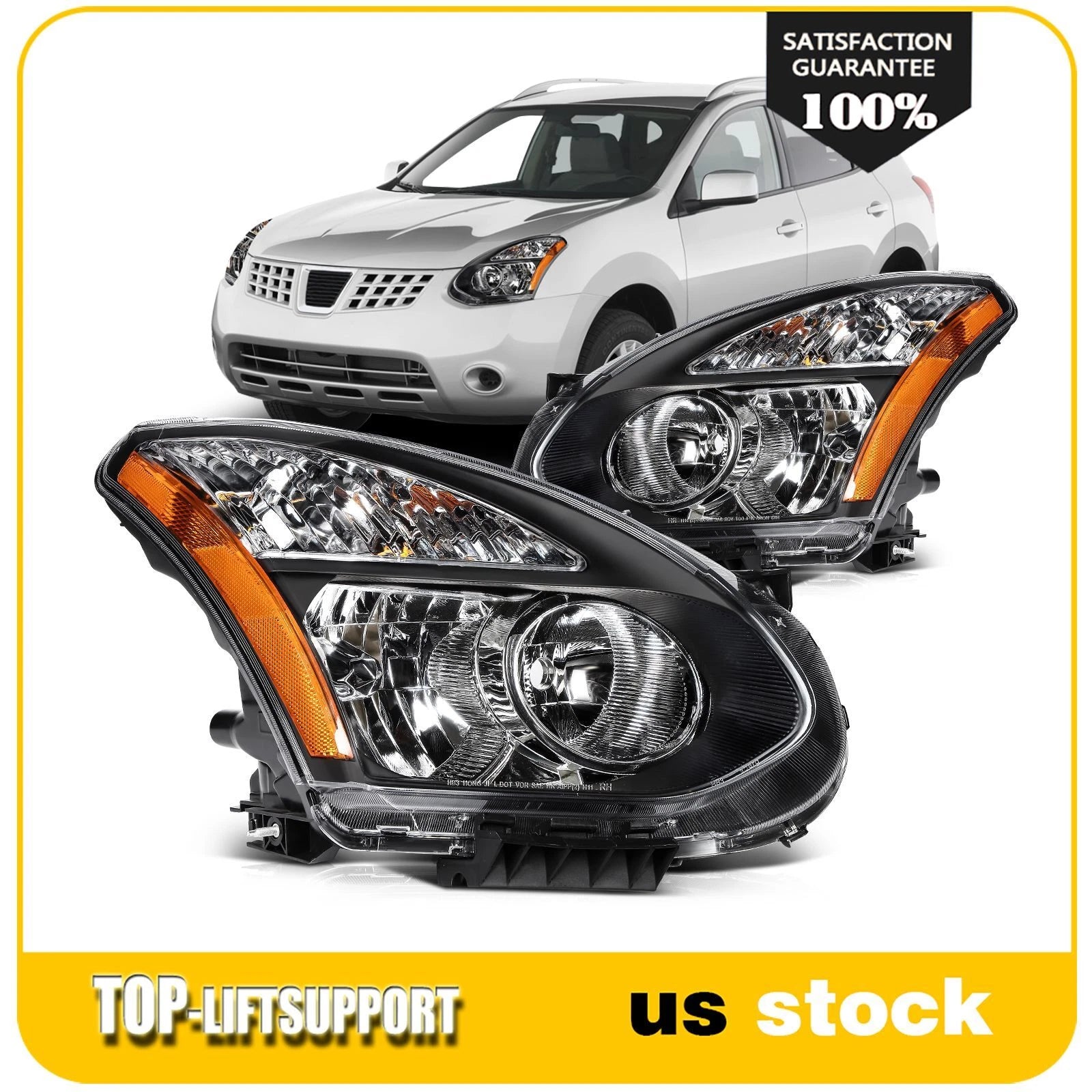 Headlight Assembly Pair for Nissan Rogue (2008–2013) Black Housing Amber