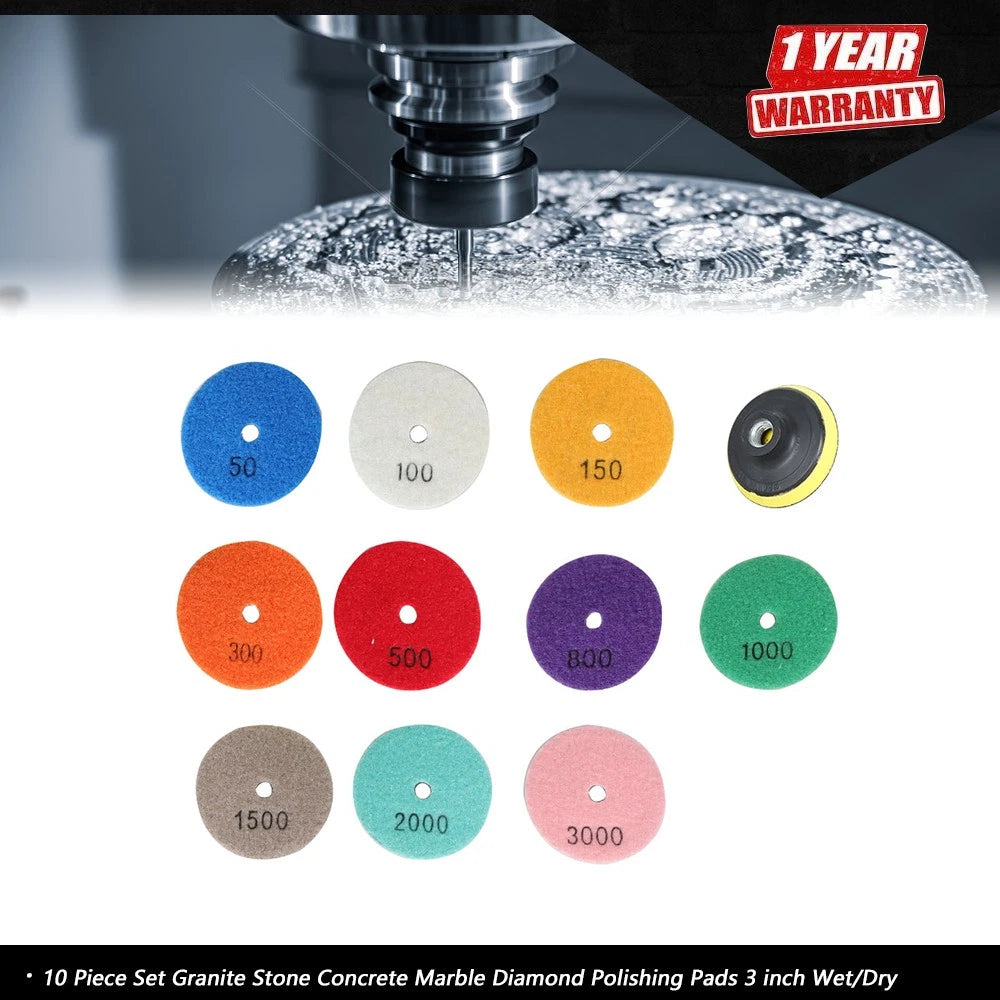 10 Piece Set Polishing Pads for Granite Stone Concrete Marble (Wet/Dry)