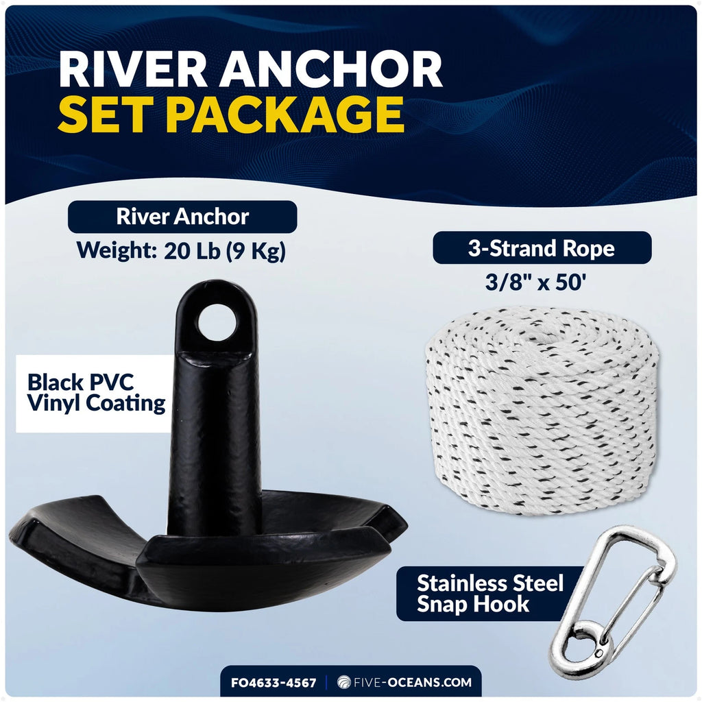 20 Lb River Boat Anchor Kit with 3/8"x50' Rope & Snap Hook for Boats
