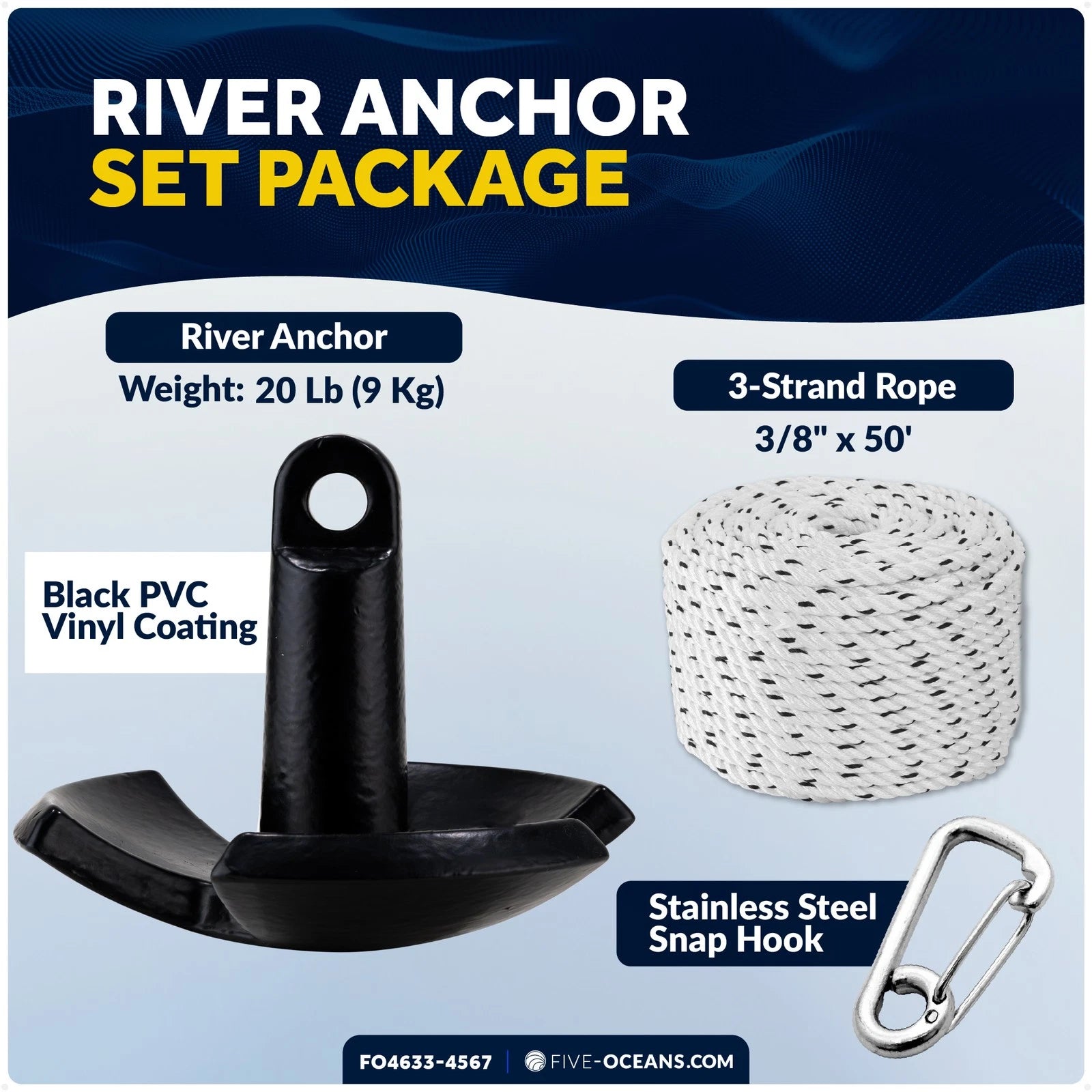 20 Lb River Boat Anchor Kit with 3/8"x50' Rope & Snap Hook for Boats