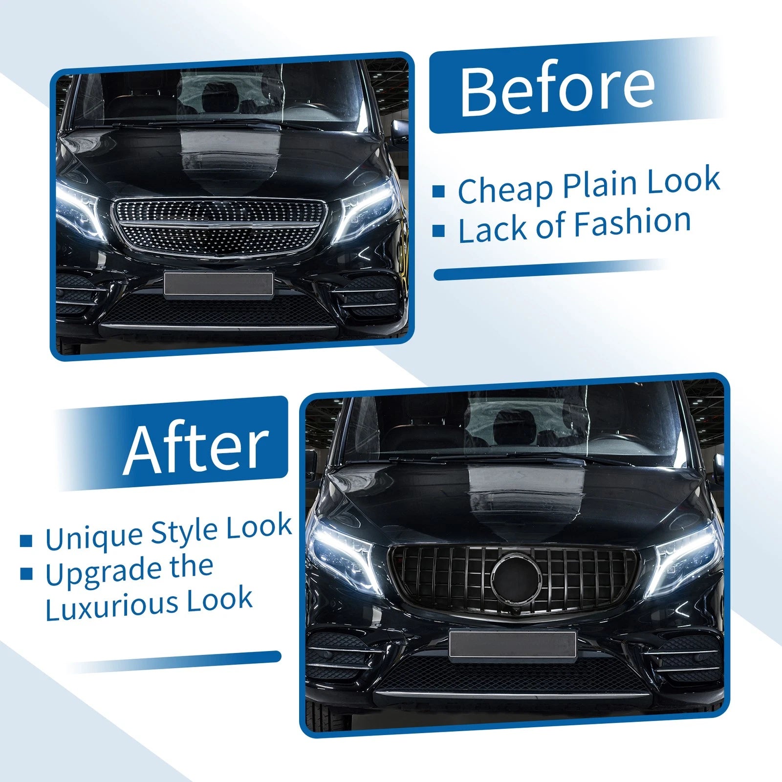 Front Upper Bumper Grille for Mercedes-Benz V-Class (2019–2023) Glossy Black
