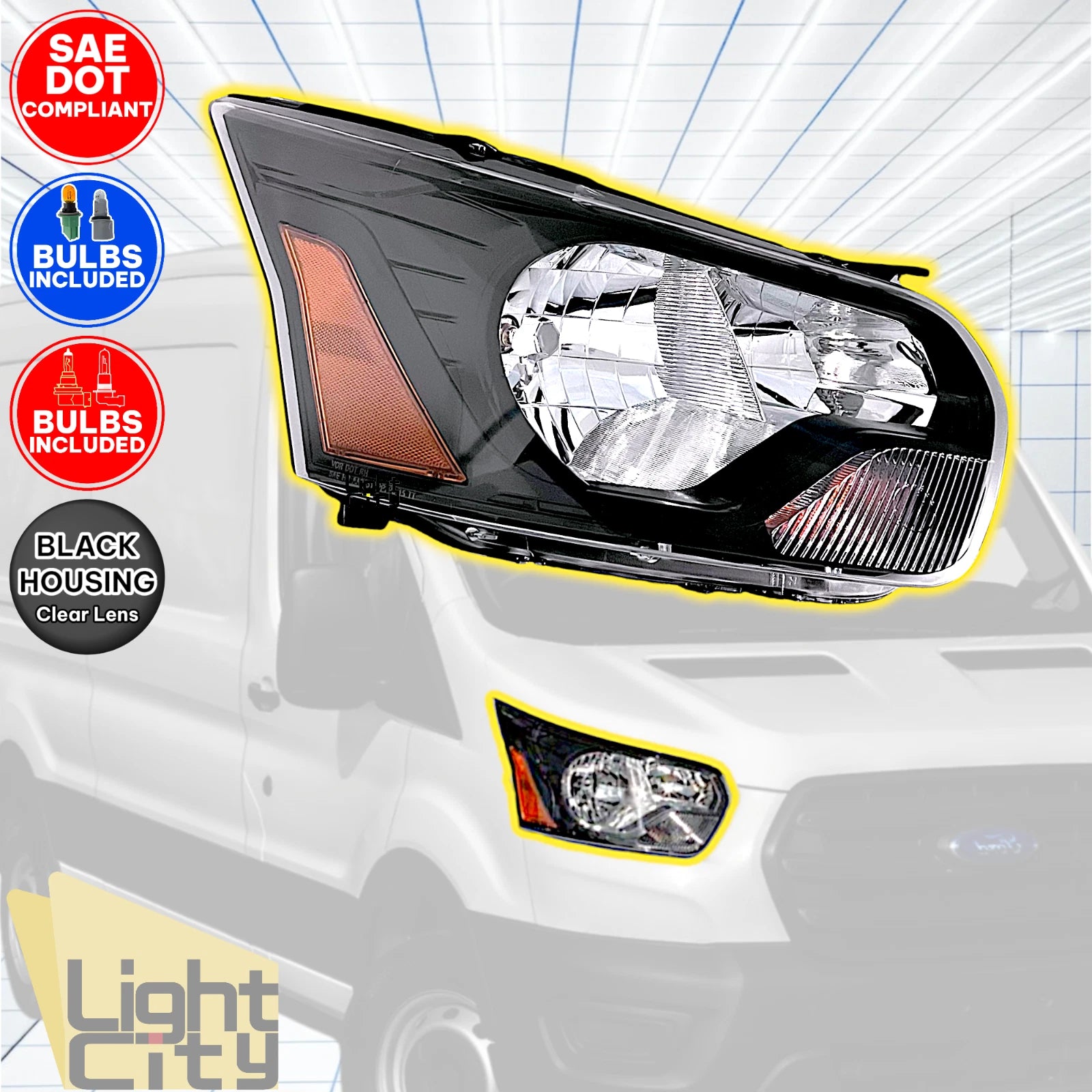 Halogen Black Headlight Right RH for Ford Transit 150/250/350 (2015–2022)