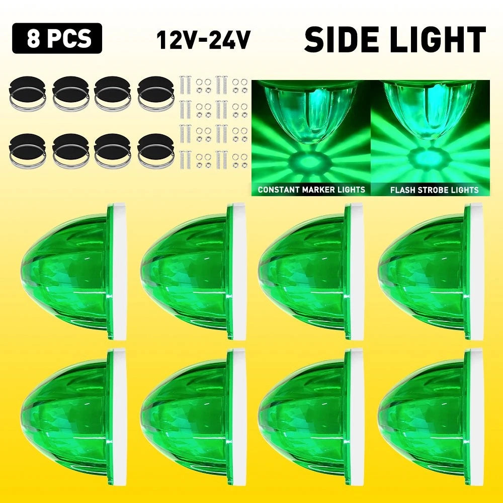 8X Green LED Watermelon Marker Light for EJ (12V-24V) Chrome Housing Waterproof