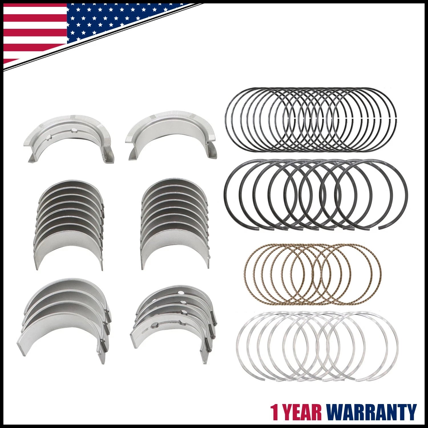 Set of 4 Main & Rod Bearings, Piston Rings for Chevy GMC LS Gen III IV (4.8L, 5.3L)